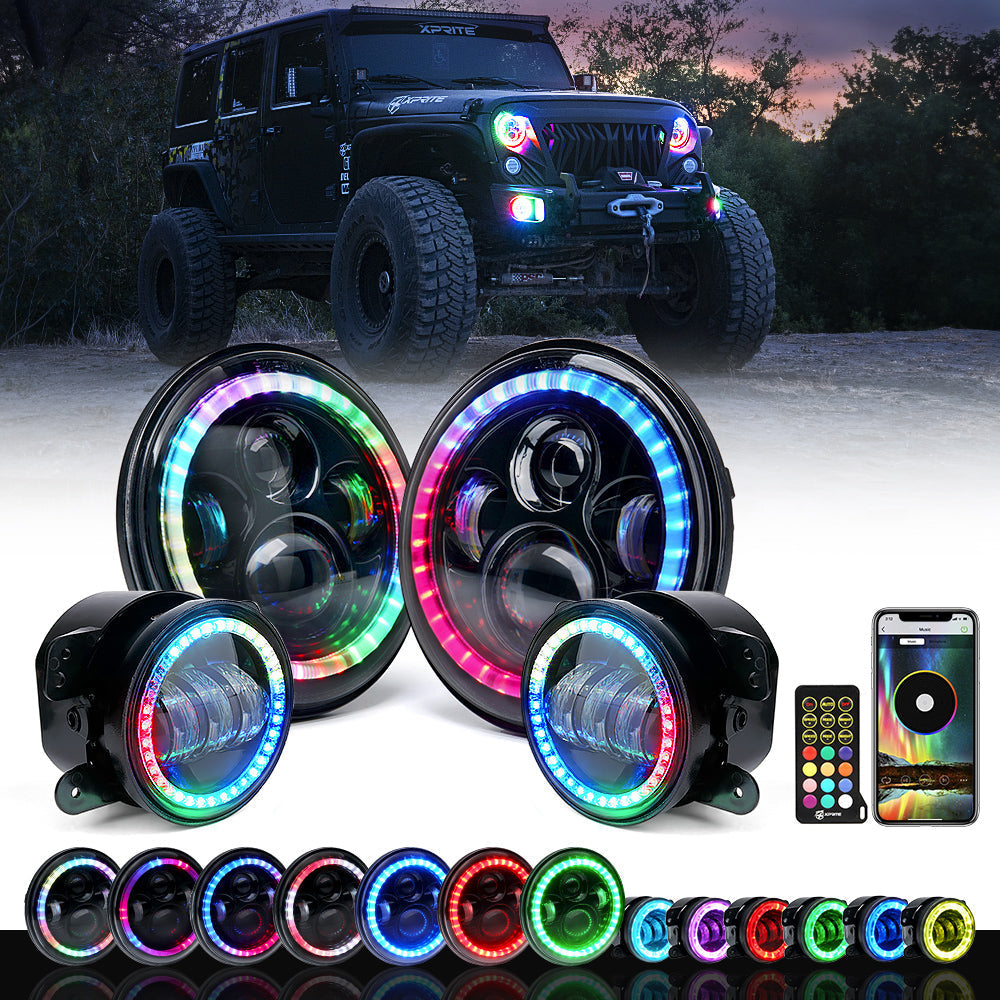 Xprite 7" RGB LED Halo Headlights & RGB Fog Lights Kit 07-18 Wran
