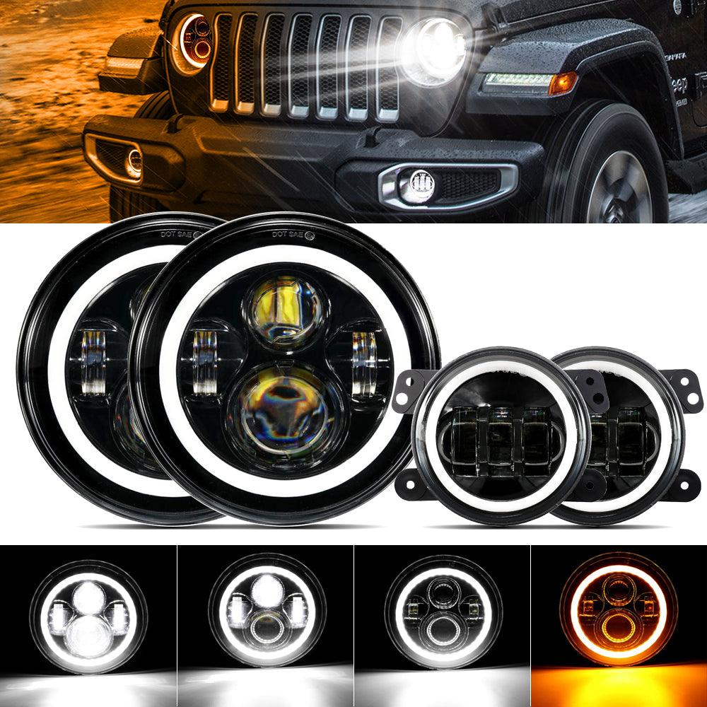 7'' LED Halo Headlights & 4'' 30W LED Fog Lights With White DRL with Amber Turn Signal For Wrangler2007-2018 JK