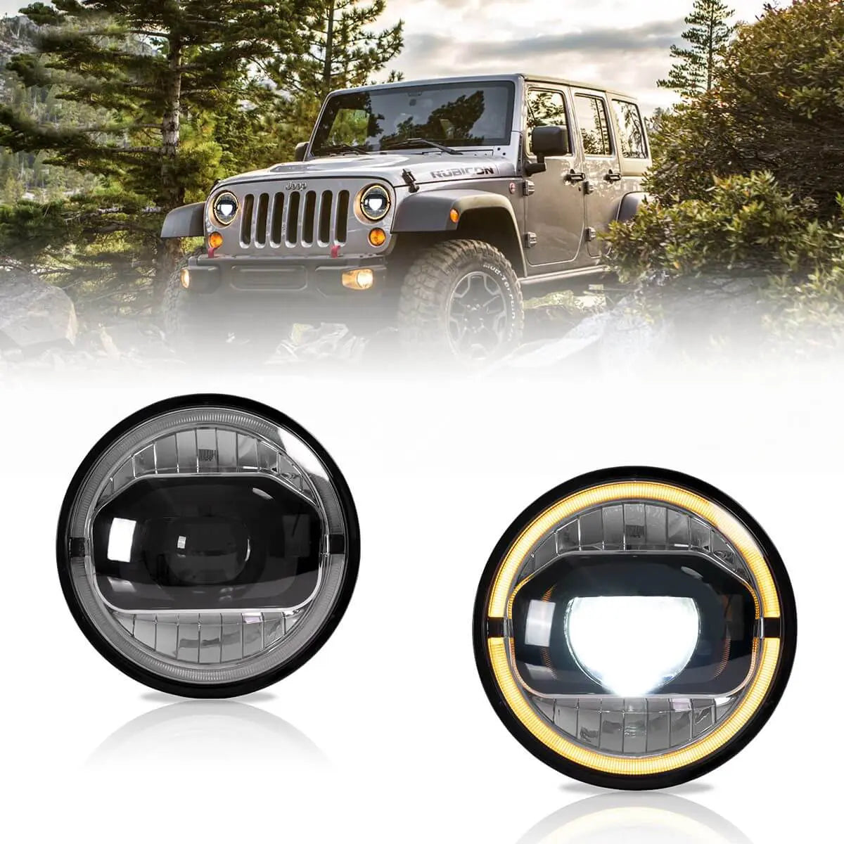 LED Headlight Assembly With Amber Turn Signal For 2007-2017 Wrangler JK 7 Inches LED Dual Beam Projector