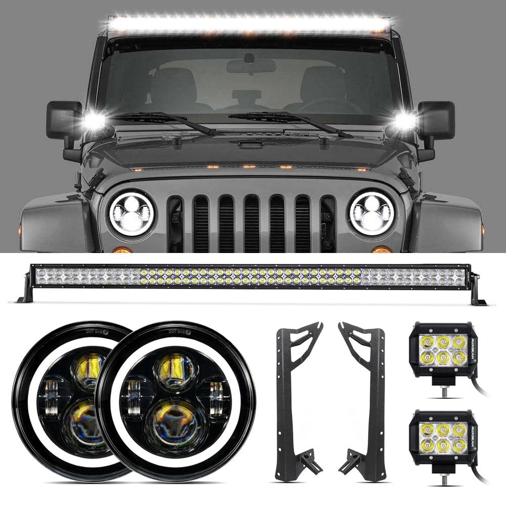 07-17 JK - Mega Bundle, 7" LED Halo Headlights,52" 300W Straight LED Light Bar&Windshield Mounting Brackets, 18W Pods light