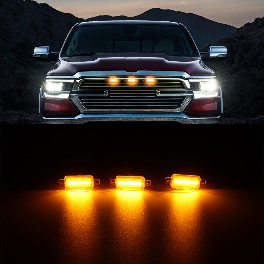 (3pcs/set) LED Front Grille Lights Raptor Style Amber Light Fit for 1500 2500 3500 (Amber shell/ Smoked shell）