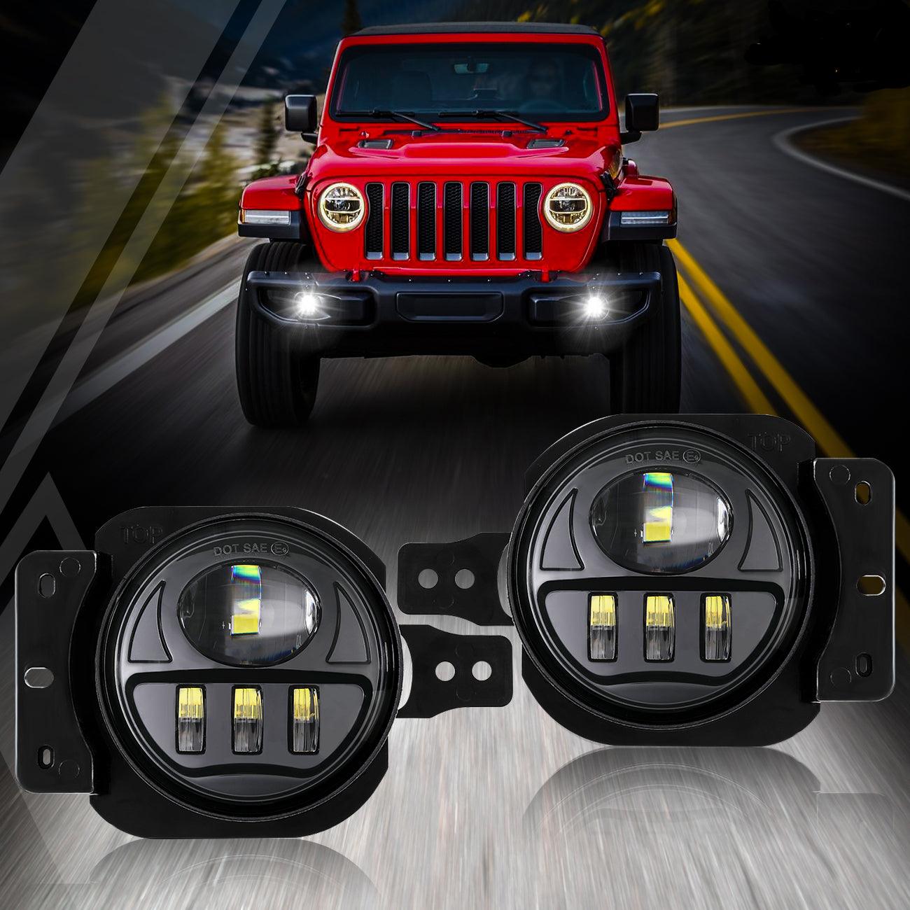 (2pcs/set) 30W 4 Inch LED Fog Lights with Adapter Ring & 2 Brackets for Wrangler JL JLU 2018 2019 2020 2021, Gladiator JT 2019 2020 2021