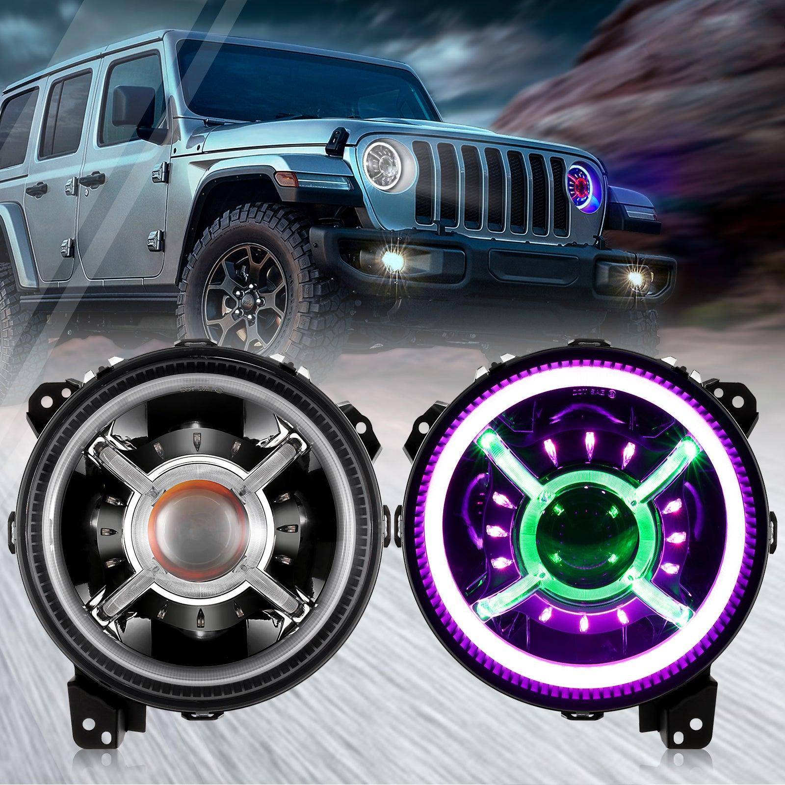 (2pcs/set) 9 Inch RGB Headlights Replacement Bluetooth Control for Wrangler JL JLU Sport Rubicon Sahara Gladiator JT 2019 2020 w/ DRL