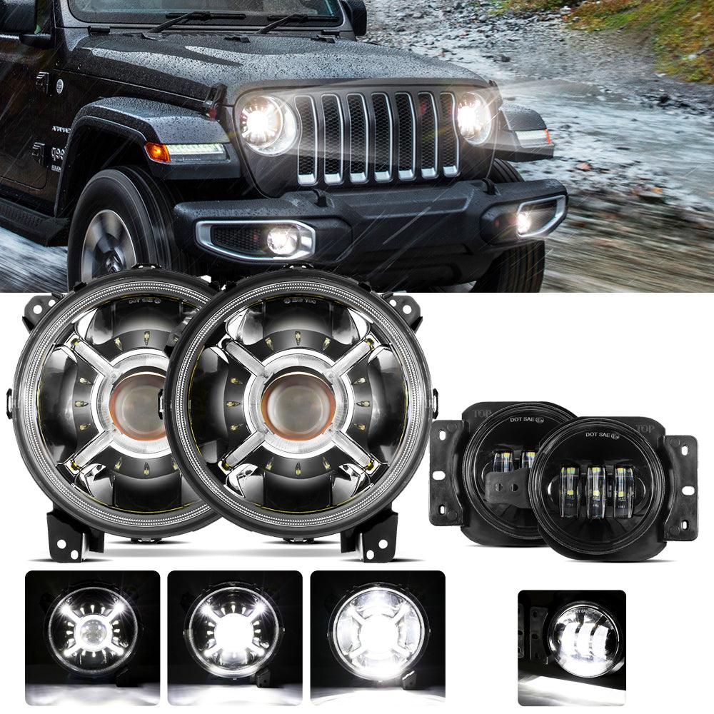 9'' Round 100W LED Headlights with DRL & 4'' 30W LED Fog Lights for 2018-2022 Wrangler JL, 2019-2022 Gladiator JT