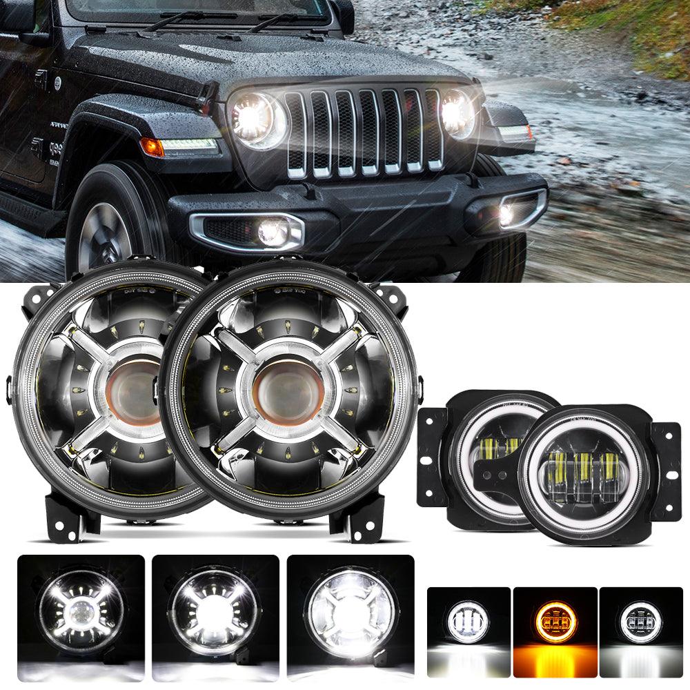 9'' ROUND 100W LED HEADLIGHTS WITH DRL & 4'' 30W LED FOG LIGHTS FOR 2018-2022 WRANGLER JL