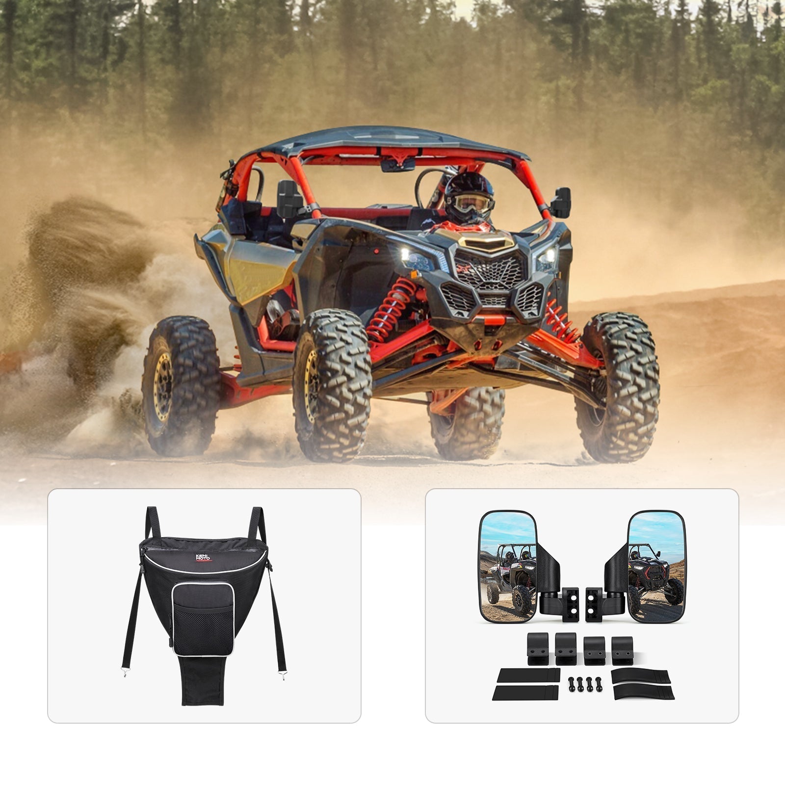 Kemimoto Cab Pack Center Seat Bag and Side View Mirror Polaris RZR