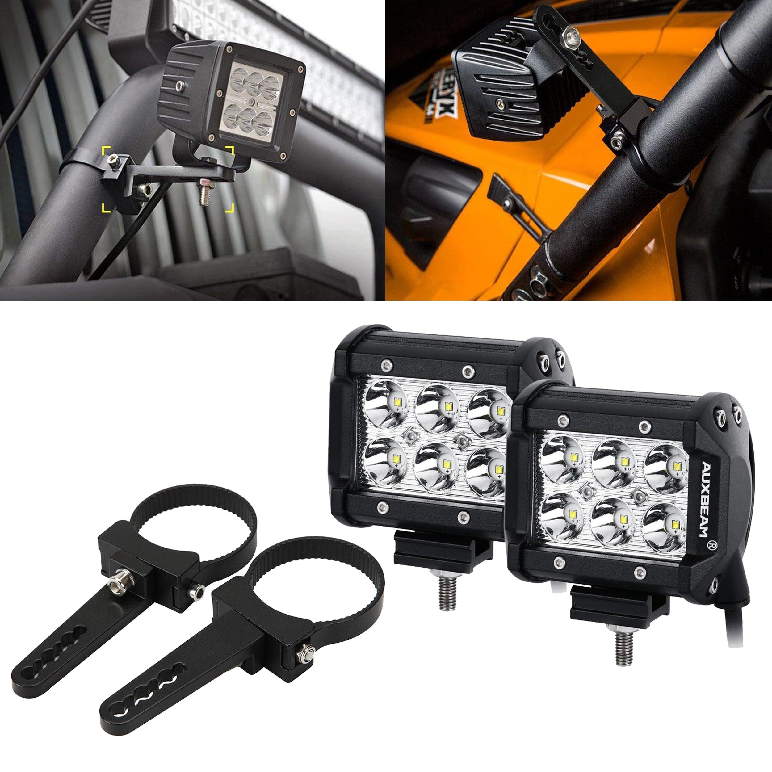 4 inch Classic-SM Series Dual Row LED Pod Lights Spot/Flood Beam & 2.5 Inch Bull Bar Roll Cage Clamps Mounting Brackets Combo for Off-Road SUV ATV UTV Trucks