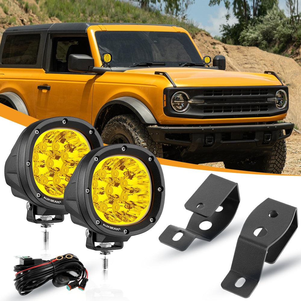 4 Inch 90W Round LED Driving Lights Spot Yellow with A-Pillar Mounting Bracket For Bronco 2/4 Door 2021 2022