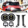 7" LED Halo Headlights + 5D-PRO 52" Straight LED Light Bar + Windshield Mounting Brackets + 18W Flood Beam Pod Lights Set for Wrangler TJ