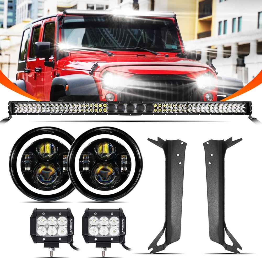 7" LED Halo Headlights + 5D-PRO 52" Straight LED Light Bar + Windshield Mounting Brackets + 18W Flood Beam Pod Lights Set for Wrangler TJ