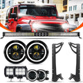 7" LED Halo Headlights + 4" Inch LED Fog Lights with DRL + 5D-PRO 52" Straight LED Light Bar + Windshield Mounting Brackets + 18W Flood Beam Pod Lights Set for for Wrangler JK