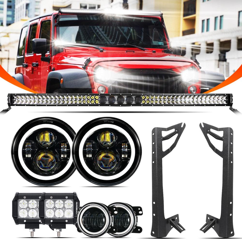 7" LED Halo Headlights + 4" Inch LED Fog Lights with DRL + 5D-PRO 52" Straight LED Light Bar + Windshield Mounting Brackets + 18W Flood Beam Pod Lights Set for for Wrangler JK