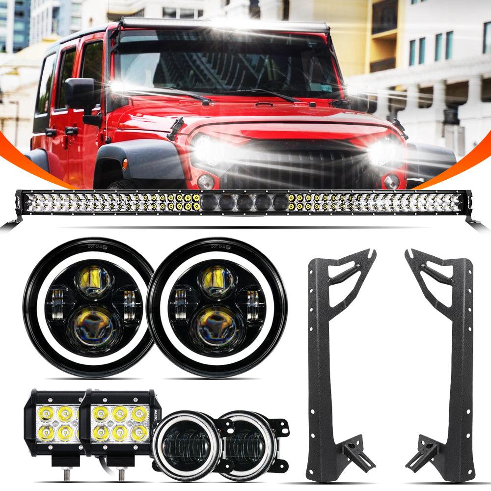 7" LED Halo Headlights + 4" Inch LED Fog Lights with DRL + 5D-PRO 52" Straight LED Light Bar + Windshield Mounting Brackets + 18W Spot Beam Pod Lights Set for for Wrangler JK