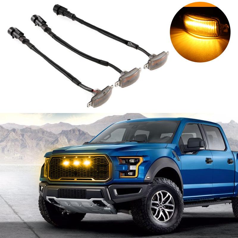 (3pcs/set) LED Front Grille Lights Raptor Style Amber Light Fit for F150 F250 F350 (Amber shell/ Smoked shell）