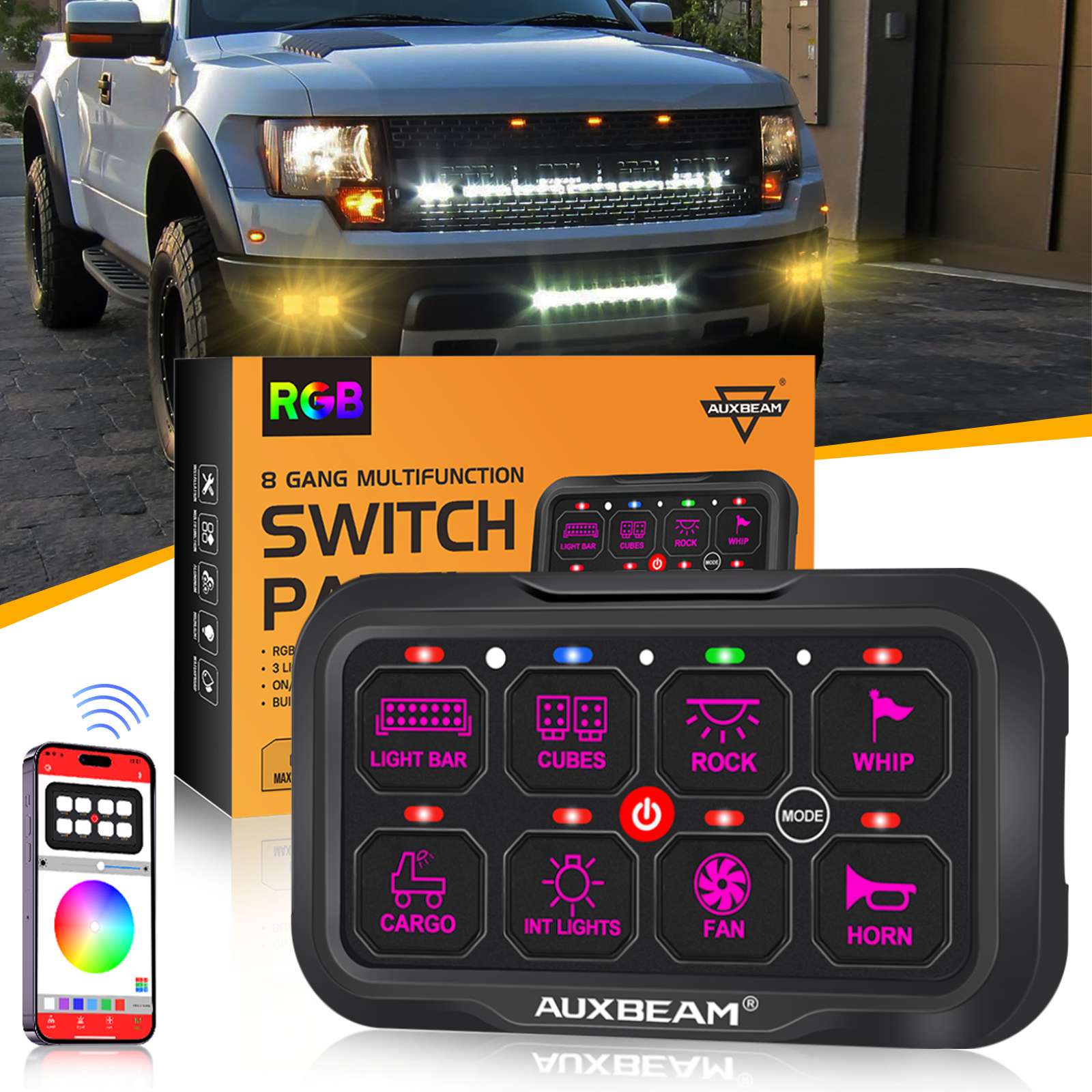 AR-800 Multifunction RGB Switch Panel with Bluetooth Controlled & 47 Inch Extension Cable(Optional) for Silverado