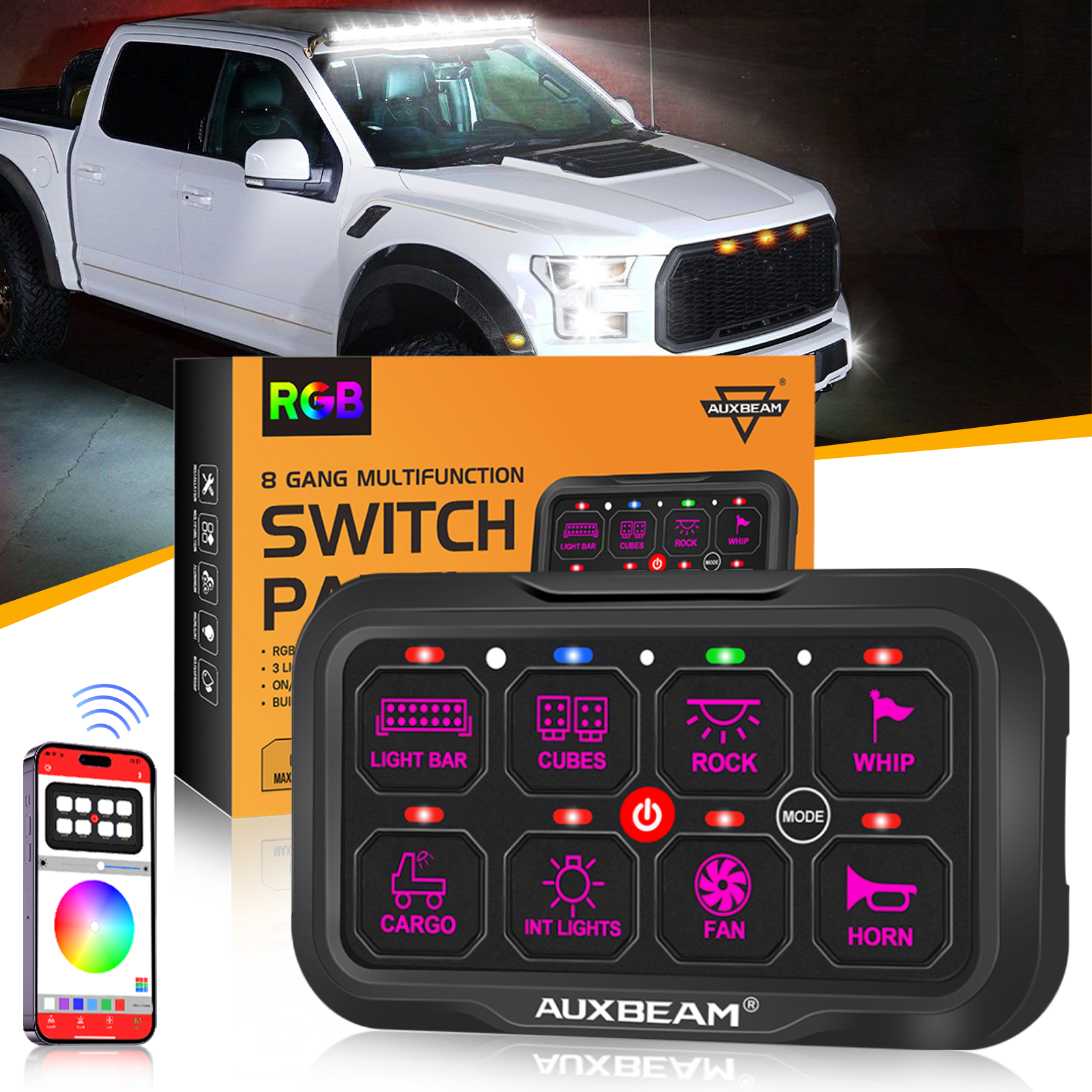 AR-800 Multifunction RGB Switch Panel with Bluetooth Controlled & 47 Inch Extension Cable(Optional) for F150 F250 F350