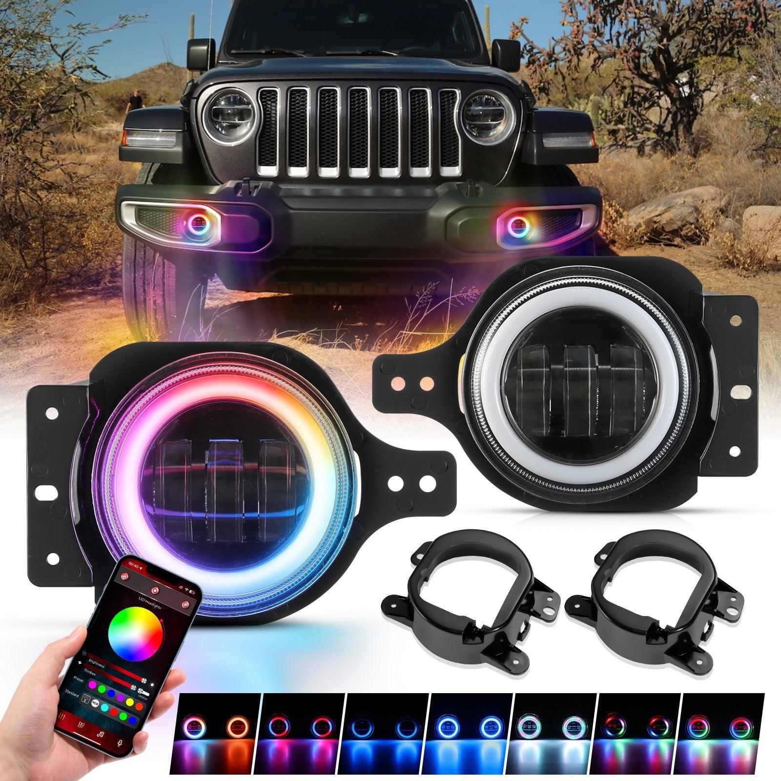 Upgraded 4 Inch LED Fog Lights with RGB Halo Ring & Turn Signal Light, Bluetooth Control for Wrangler JK/JL 2018-2024