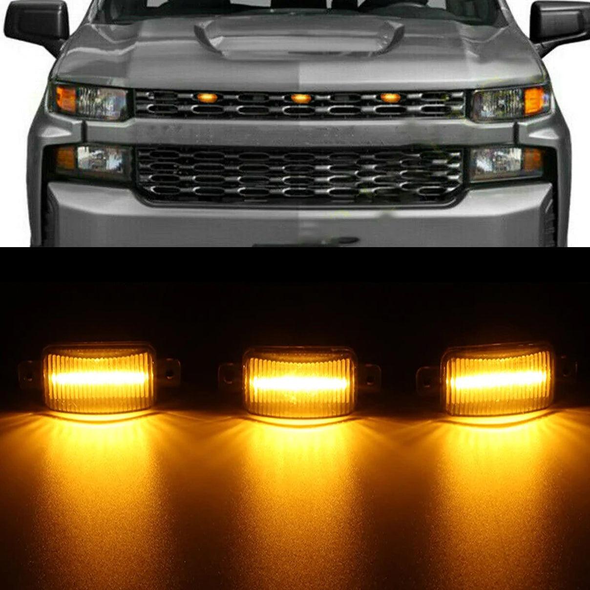 (3pcs/set) LED Front Grille Lights Raptor Style Amber Light Fit for Silverado 1500 2016-2021 (Amber shell/ Smoked shell）